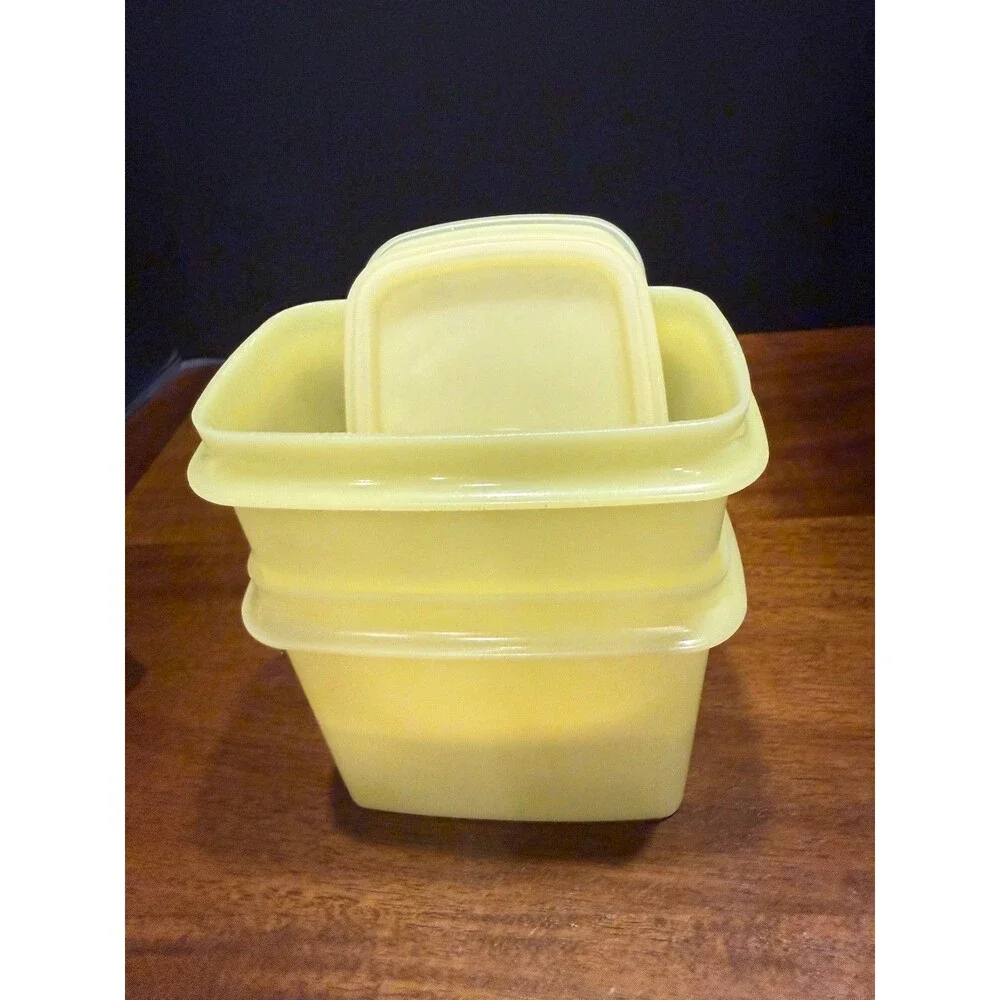 Lot of 2 Tupperware Vintage Shelf Saver Rectangle Small Container Yellow 1243-8.
